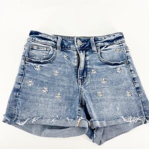 ✅ AMERICAN EAGLE Hi Rise Shortie Embroidered Daisy Stretch Denim Shorts SIZE 0